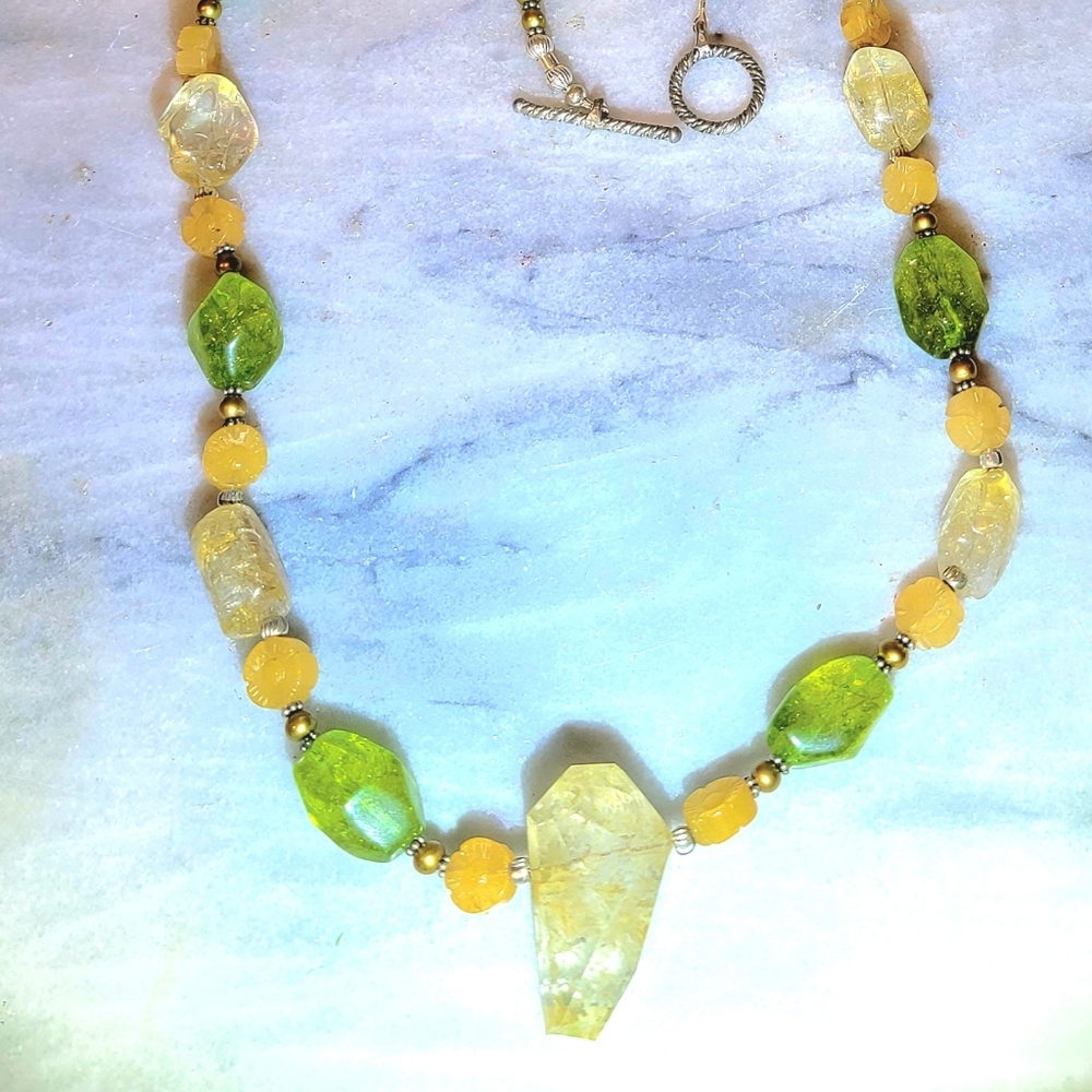 Genuine Citrine Peridot Pearl Adventurine Sterling 925 Statement Necklace 34"